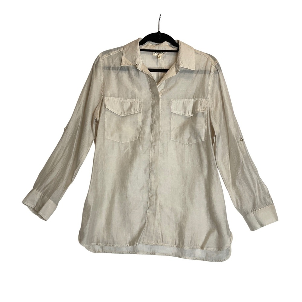 Hester & Orchard Sheer Tencel Button Up Chest Pockets Roll Tab Sleeve Blouse M
